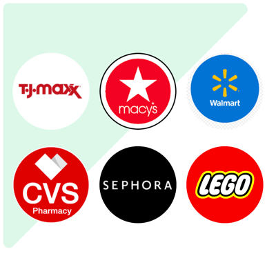 Example shopping brands: T.J Max, Macy's, Walmart, CVS, Sephora, LEGO